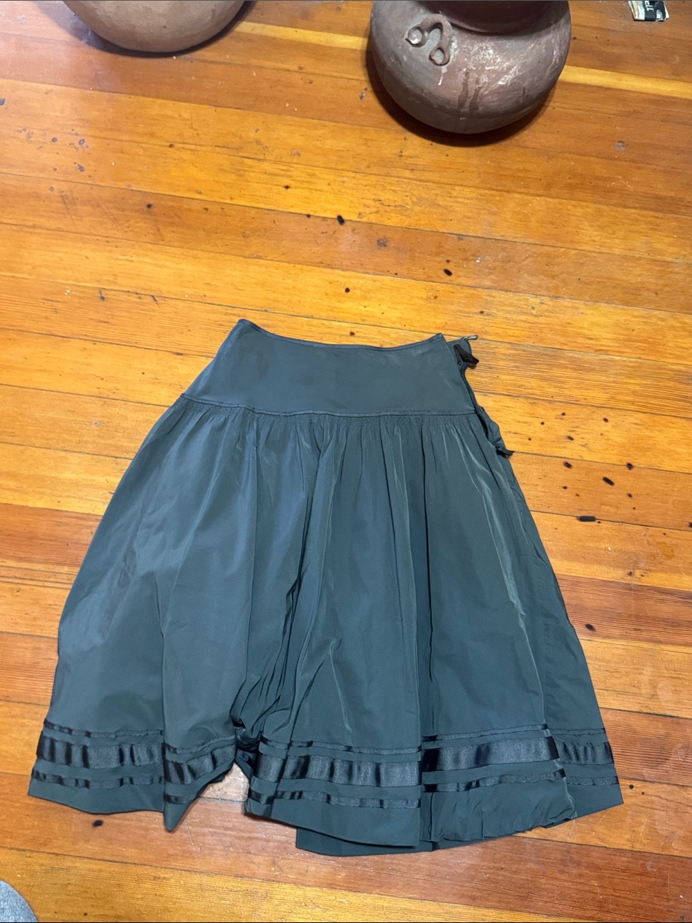 Dark Green A-Line Skirt with Ribbon Trim